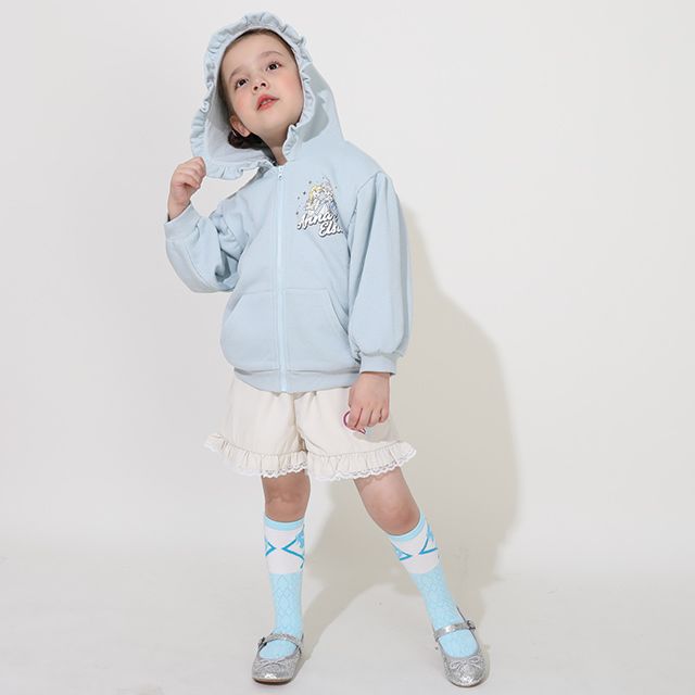 【ベビードール】アナ エルサ プリンセス / ラメジップパーカー 0864K / キッズ ベビーサイズ 長袖 ライトアウター 羽織り スウェット パーカー ラインストーン ラメ キラキラ フリル ボリューム袖 カンガルーポケット シワになりにくい ガーリー