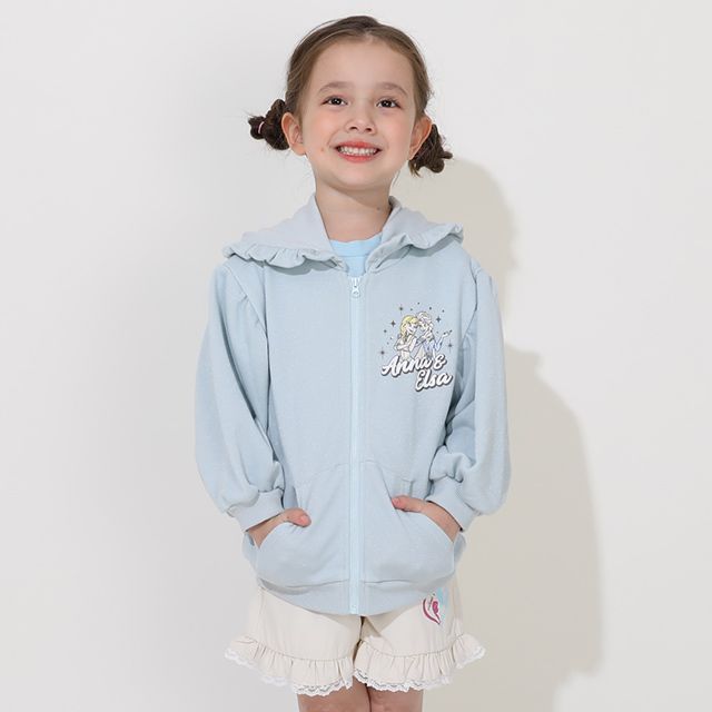 【ベビードール】アナ エルサ プリンセス / ラメジップパーカー 0864K / キッズ ベビーサイズ 長袖 ライトアウター 羽織り スウェット パーカー ラインストーン ラメ キラキラ フリル ボリューム袖 カンガルーポケット シワになりにくい ガーリー