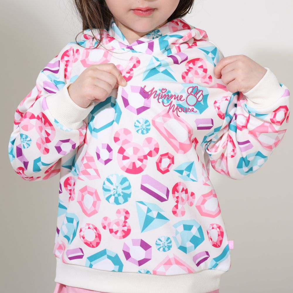 【ベビードール】ミニー ジュエリー総柄パーカー 0869K / ベビーサイズ キッズ トップス 長袖 フーディー プルオーバー 立体モチーフ 宝石 ガーリー