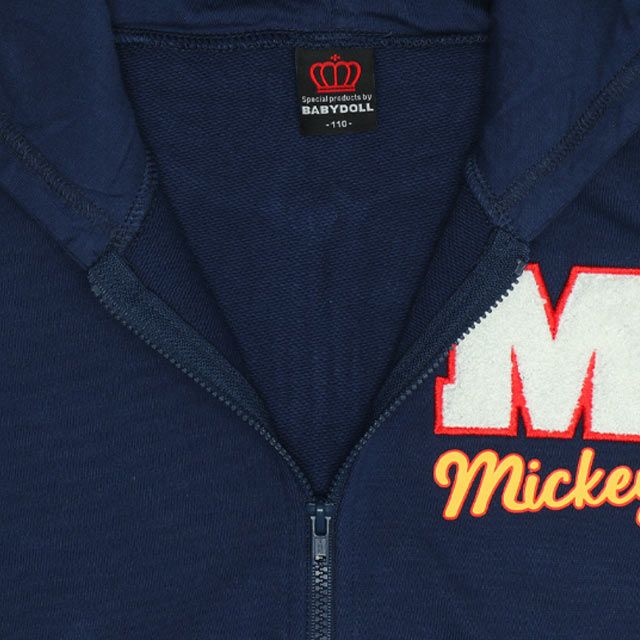 【ベビードール】ミッキー 親子お揃い サガラワッペンジップパーカー 0904K / ベビーサイズ キッズ トップス 長袖 パーカー 羽織り アウター スウェット カンガルーポケット