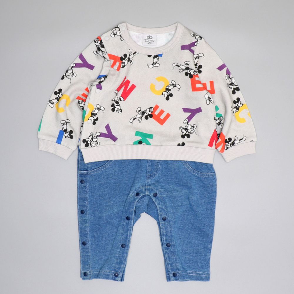 【ベビードール】ミッキー カラフル総柄ロンパース 0905B / ベビーサイズ 赤ちゃん 出産祝い 贈り物 プレゼント ベビー服 長袖 つなぎ デニム風 スウェット リンクコーデ ペアルック 親子コーデ