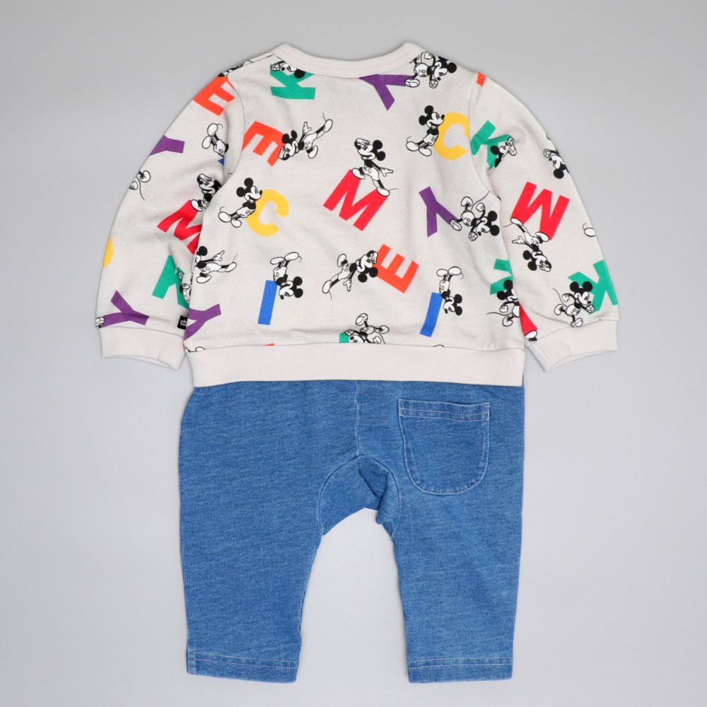 【ベビードール】ミッキー カラフル総柄ロンパース 0905B / ベビーサイズ 赤ちゃん 出産祝い 贈り物 プレゼント ベビー服 長袖 つなぎ デニム風 スウェット リンクコーデ ペアルック 親子コーデ