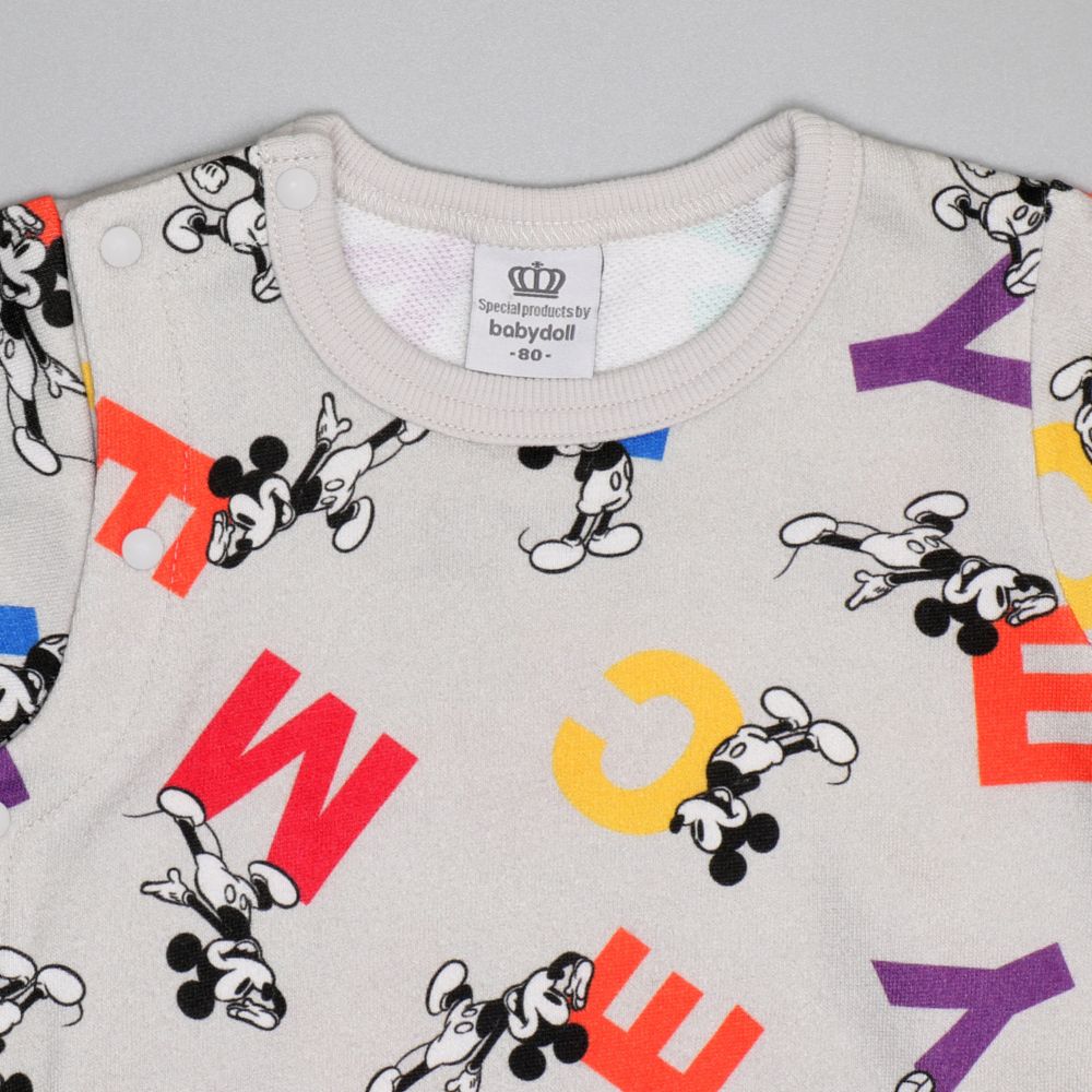 【ベビードール】ミッキー カラフル総柄ロンパース 0905B / ベビーサイズ 赤ちゃん 出産祝い 贈り物 プレゼント ベビー服 長袖 つなぎ デニム風 スウェット リンクコーデ ペアルック 親子コーデ