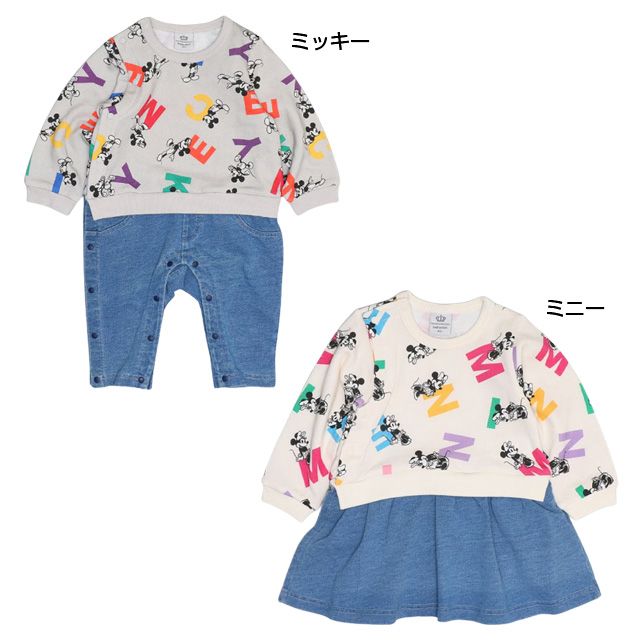 【ベビードール】ミッキー カラフル総柄ロンパース 0905B / ベビーサイズ 赤ちゃん 出産祝い 贈り物 プレゼント ベビー服 長袖 つなぎ デニム風 スウェット リンクコーデ ペアルック 親子コーデ