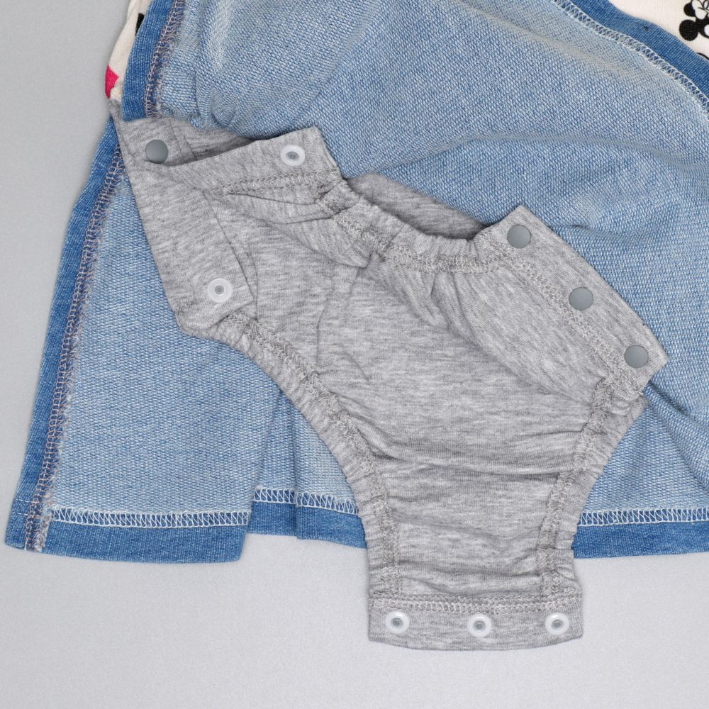 【ベビードール】ミニー カラフル総柄ロンパース 0905B / ベビーサイズ 赤ちゃん 出産祝い 贈り物 プレゼント ベビー服 長袖 つなぎ デニム風 スカート スウェット リンクコーデ ペアルック 親子コーデ