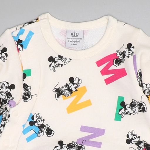 【ベビードール】ミニー カラフル総柄ロンパース 0905B / ベビーサイズ 赤ちゃん 出産祝い 贈り物 プレゼント ベビー服 長袖 つなぎ デニム風 スカート スウェット リンクコーデ ペアルック 親子コーデ