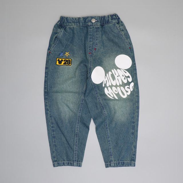 【ベビードール】ミッキー グランジデニムロングパンツ 0908K / ベビーサイズ キッズ ボトムス 長ズボン デニムパンツ ジーパン ヴィンテージ加工 ウエスト総ゴム ゴム穴付き