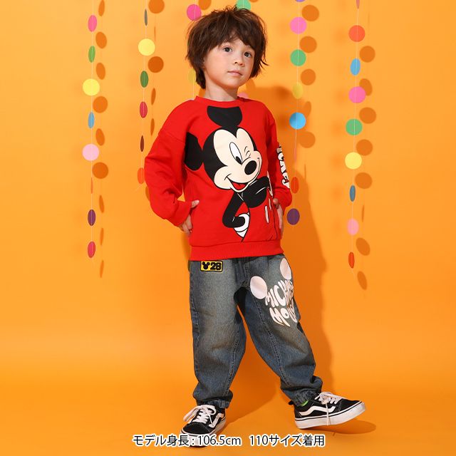 【ベビードール】ミッキー グランジデニムロングパンツ 0908K / ベビーサイズ キッズ ボトムス 長ズボン デニムパンツ ジーパン ヴィンテージ加工 ウエスト総ゴム ゴム穴付き