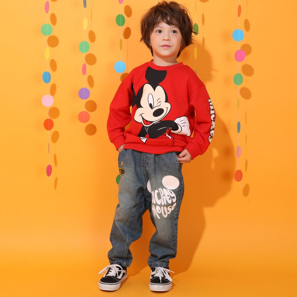 【ベビードール】ミッキー グランジデニムロングパンツ 0908K / ベビーサイズ キッズ ボトムス 長ズボン デニムパンツ ジーパン ヴィンテージ加工 ウエスト総ゴム ゴム穴付き