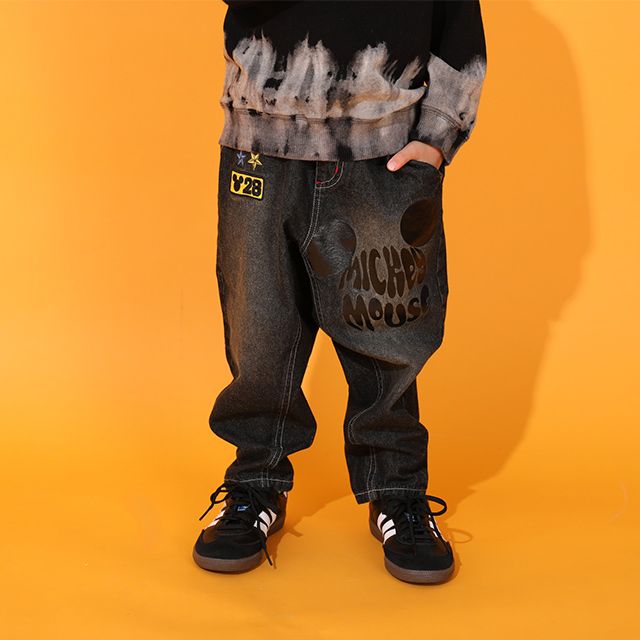 【ベビードール】ミッキー グランジデニムロングパンツ 0908K / ベビーサイズ キッズ ボトムス 長ズボン デニムパンツ ジーパン ヴィンテージ加工 ウエスト総ゴム ゴム穴付き