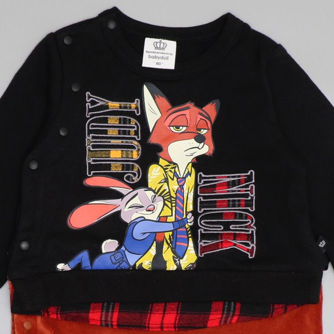 【ベビードール】ズートピア チェックレイヤードロンパース 0909B / ベビーサイズ 赤ちゃん 出産祝い 贈り物 プレゼント ベビー服 長袖 レイヤード風 コーデュロイ リンクコーデ ペアルック 親子コーデ 秋冬 ジュディ ニック