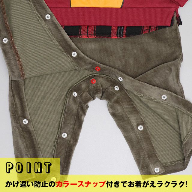 【ベビードール】プー チェックレイヤードロンパース 0909B / ベビーサイズ 赤ちゃん 出産祝い 贈り物 プレゼント ベビー服 長袖 レイヤード風 コーデュロイ リンクコーデ ペアルック 親子コーデ 秋冬