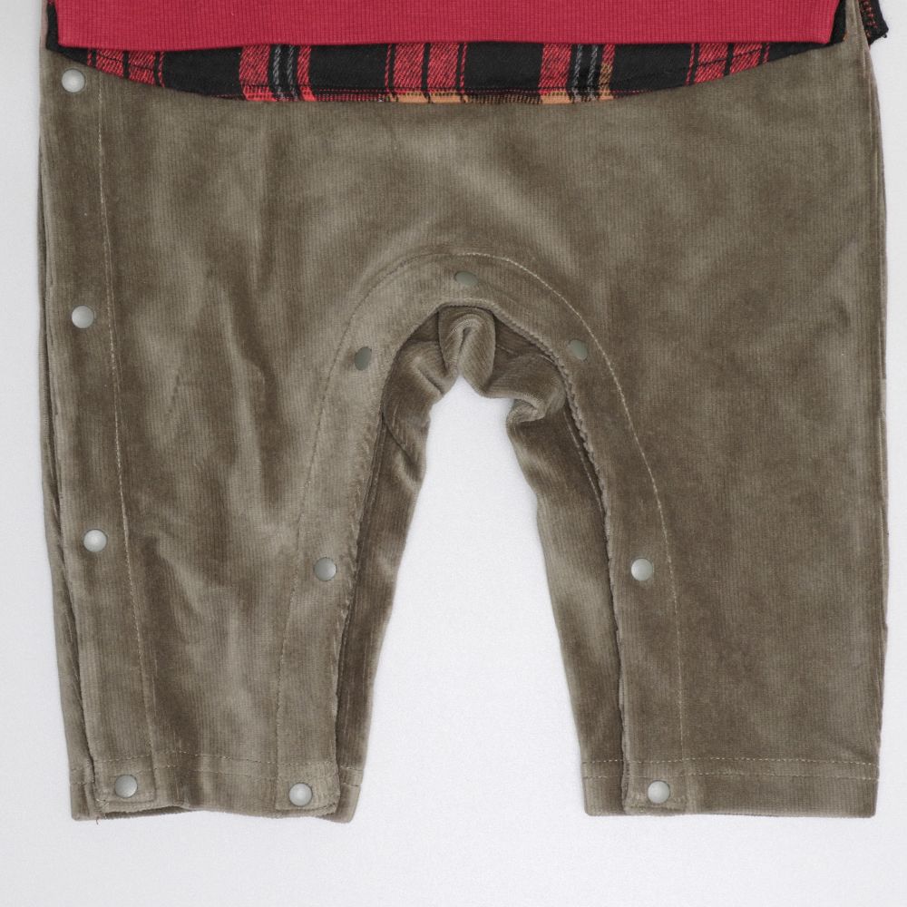 【ベビードール】プー チェックレイヤードロンパース 0909B / ベビーサイズ 赤ちゃん 出産祝い 贈り物 プレゼント ベビー服 長袖 レイヤード風 コーデュロイ リンクコーデ ペアルック 親子コーデ 秋冬