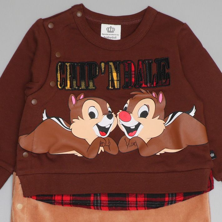 【ベビードール】チップ デール チェックレイヤードロンパース 0909B / ベビーサイズ 赤ちゃん 出産祝い 贈り物 プレゼント ベビー服 長袖 レイヤード風 コーデュロイ リンクコーデ ペアルック 親子コーデ 秋冬