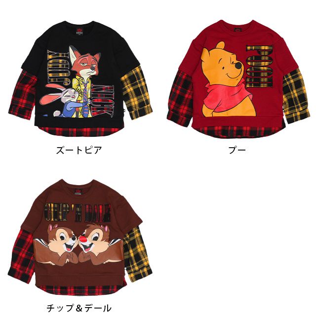 【ベビードール】チップ デール 親子お揃い チェックレイヤードトレーナー 0910K / ベビーサイズ キッズ トップス 長袖 レイヤード風 リンクコーデ ペアルック 親子コーデ 秋冬