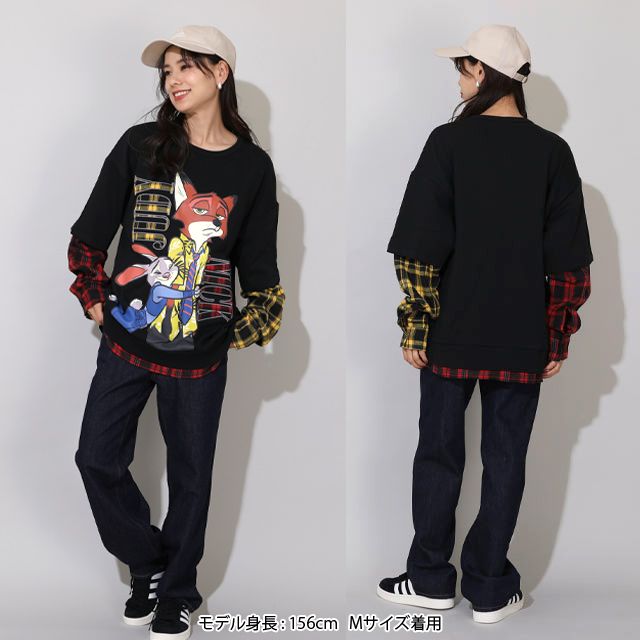 【ベビードール】ズートピア 親子お揃い チェックレイヤードトレーナー 0910A / 大人 ユニセックス 男女兼用 トップス 長袖 レイヤード風 リンクコーデ ペアルック 親子コーデ 秋冬 ジュディ ニック
