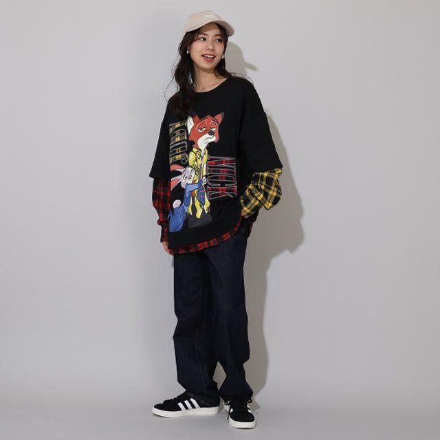 【ベビードール】ズートピア 親子お揃い チェックレイヤードトレーナー 0910A / 大人 ユニセックス 男女兼用 トップス 長袖 レイヤード風 リンクコーデ ペアルック 親子コーデ 秋冬 ジュディ ニック