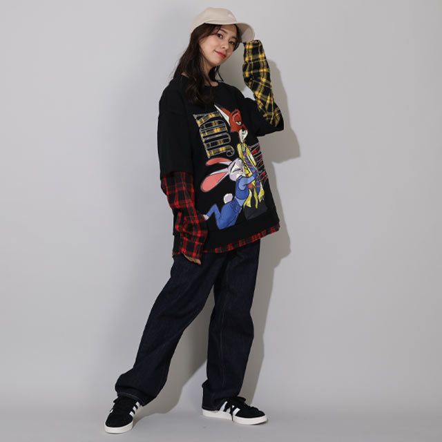 【ベビードール】ズートピア 親子お揃い チェックレイヤードトレーナー 0910A / 大人 ユニセックス 男女兼用 トップス 長袖 レイヤード風 リンクコーデ ペアルック 親子コーデ 秋冬 ジュディ ニック