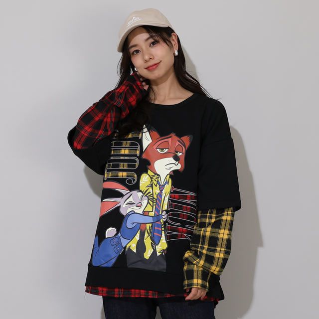 【ベビードール】ズートピア 親子お揃い チェックレイヤードトレーナー 0910A / 大人 ユニセックス 男女兼用 トップス 長袖 レイヤード風 リンクコーデ ペアルック 親子コーデ 秋冬 ジュディ ニック