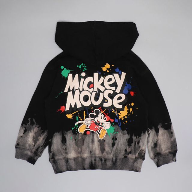 【ベビードール】ミッキー 親子お揃い ブリーチパーカー 0914K / ベビーサイズ キッズ リンクコーデ ペアルック 親子コーデ トップス 長袖 フーディー プルオーバー スウェット グランジテイスト 春秋冬