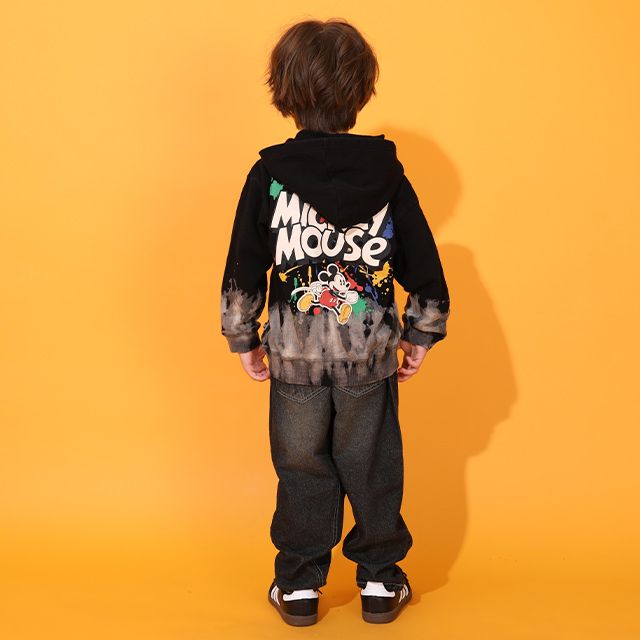 【ベビードール】ミッキー 親子お揃い ブリーチパーカー 0914K / ベビーサイズ キッズ リンクコーデ ペアルック 親子コーデ トップス 長袖 フーディー プルオーバー スウェット グランジテイスト 春秋冬