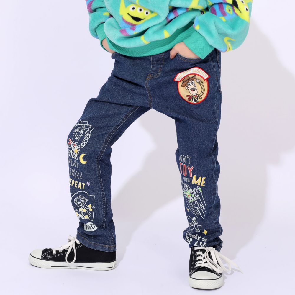 【ベビードール】トイ・ストーリー ストレートデニムロングパンツ 0991K / ベビーサイズ キッズ ボトムス 長ズボン デニム ジーパン ジーンズ ウエスト総ゴム ゴム穴付き ベルトループ フェイクボタン アップリケ