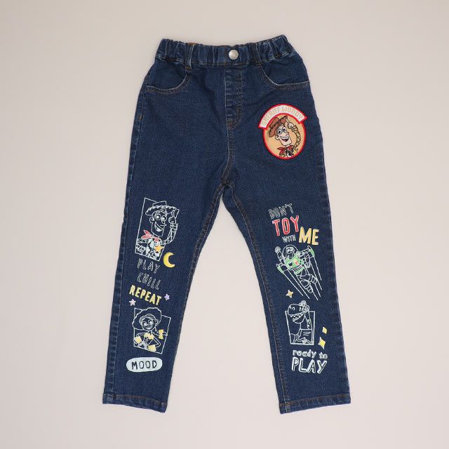 【ベビードール】トイ・ストーリー ストレートデニムロングパンツ 0991K / ベビーサイズ キッズ ボトムス 長ズボン デニム ジーパン ジーンズ ウエスト総ゴム ゴム穴付き ベルトループ フェイクボタン アップリケ
