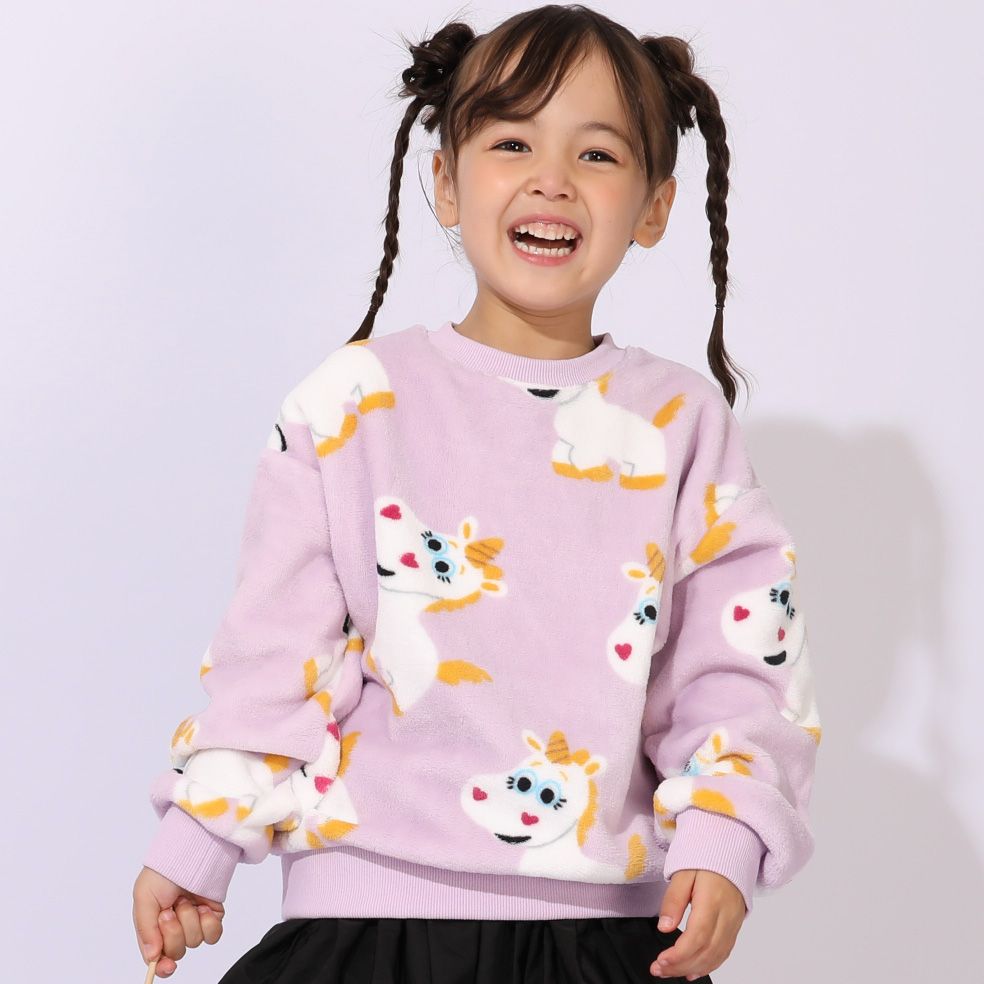【ベビードール】バターカップ ボア総柄トレーナー 1004K / ベビーサイズ キッズ トップス 長袖 プルオーバー クルーネック ボア もこもこ あったか かわいい 防寒 ユニコーン