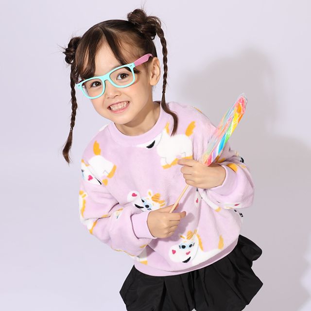 【ベビードール】バターカップ ボア総柄トレーナー 1004K / ベビーサイズ キッズ トップス 長袖 プルオーバー クルーネック ボア もこもこ あったか かわいい 防寒 ユニコーン