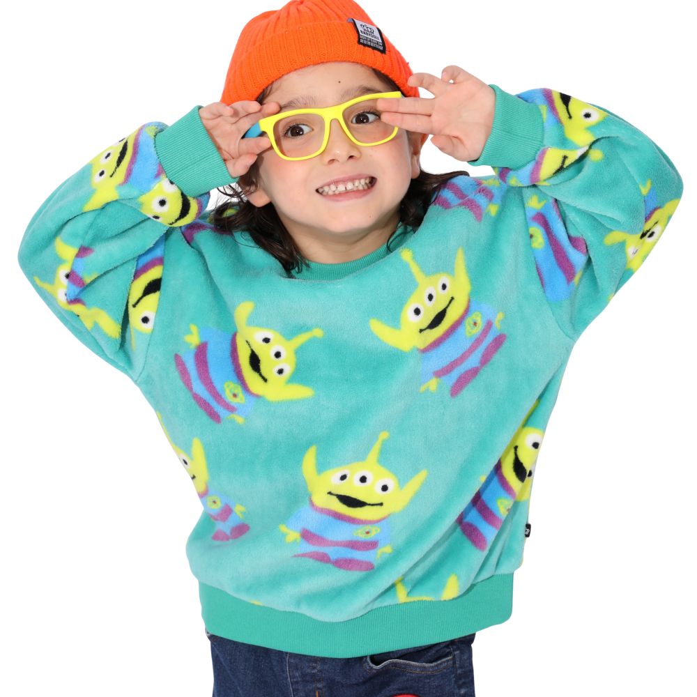 【ベビードール】リトルグリーンメン ボア総柄トレーナー 1004K / ベビーサイズ キッズ トップス 長袖 プルオーバー クルーネック ボア もこもこ あったか かわいい 防寒