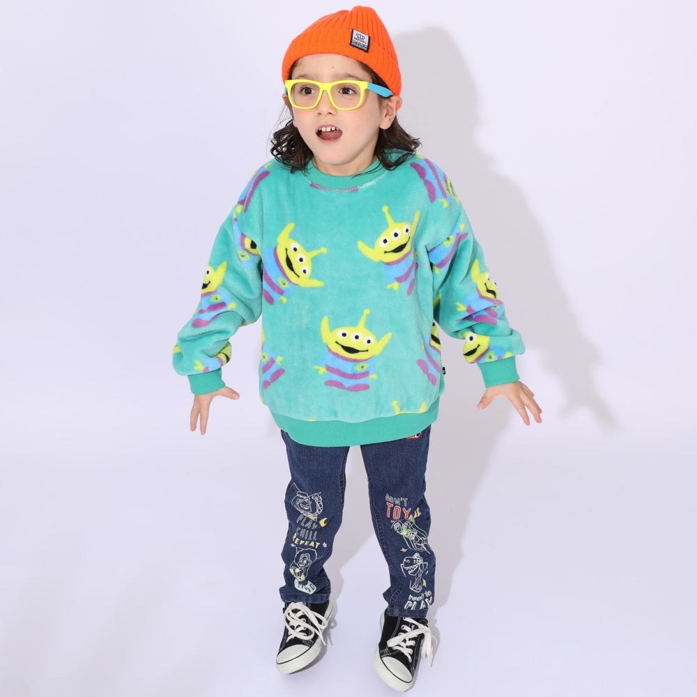 【ベビードール】リトルグリーンメン ボア総柄トレーナー 1004K / ベビーサイズ キッズ トップス 長袖 プルオーバー クルーネック ボア もこもこ あったか かわいい 防寒