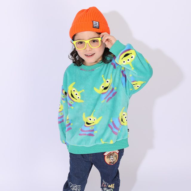 【ベビードール】リトルグリーンメン ボア総柄トレーナー 1004K / ベビーサイズ キッズ トップス 長袖 プルオーバー クルーネック ボア もこもこ あったか かわいい 防寒