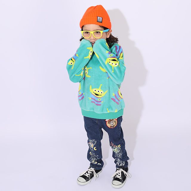 【ベビードール】リトルグリーンメン ボア総柄トレーナー 1004K / ベビーサイズ キッズ トップス 長袖 プルオーバー クルーネック ボア もこもこ あったか かわいい 防寒