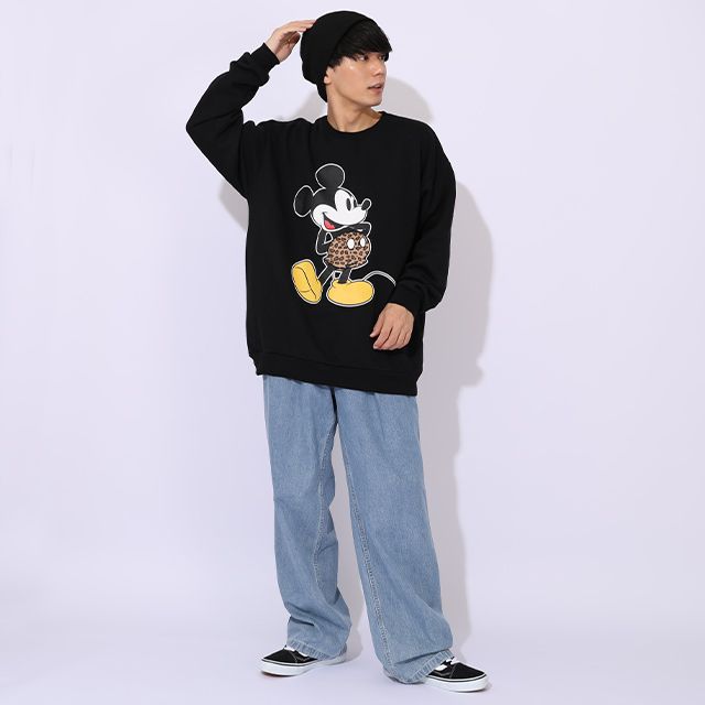 【ベビードール】ミッキー 親子お揃い ヒョウ柄裏起毛トレーナー 1014A / 大人 ユニセックス 男女兼用 長袖 裏起毛 アップリケ アニマル柄 リンクコーデ ペアルック 親子コーデ あったか 防寒