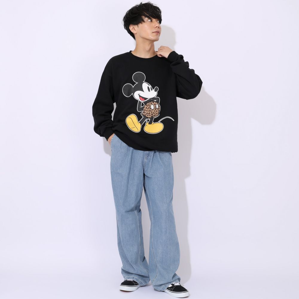 【ベビードール】ミッキー 親子お揃い ヒョウ柄裏起毛トレーナー 1014A / 大人 ユニセックス 男女兼用 長袖 裏起毛 アップリケ アニマル柄 リンクコーデ ペアルック 親子コーデ あったか 防寒