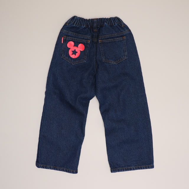 【ベビードール】ミッキー ワッペンデニムロングパンツ 1017K / ベビーサイズ キッズ ボトムス 長ズボン ジーパン ジーンズ ツイルパンツ ワイドパンツ アニマル柄 ヒョウ柄 ダメージ加工 ウエスト総ゴム ゴム穴付き フェイクボタン ベルトループ リンクコーデ ペアルック