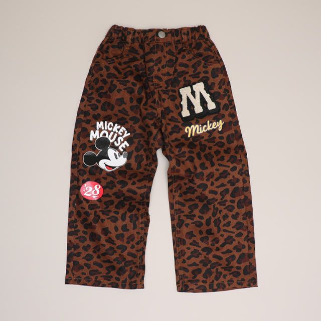 【ベビードール】ミッキー ワッペンデニムロングパンツ 1017K / ベビーサイズ キッズ ボトムス 長ズボン ジーパン ジーンズ ツイルパンツ ワイドパンツ アニマル柄 ヒョウ柄 ダメージ加工 ウエスト総ゴム ゴム穴付き フェイクボタン ベルトループ リンクコーデ ペアルック