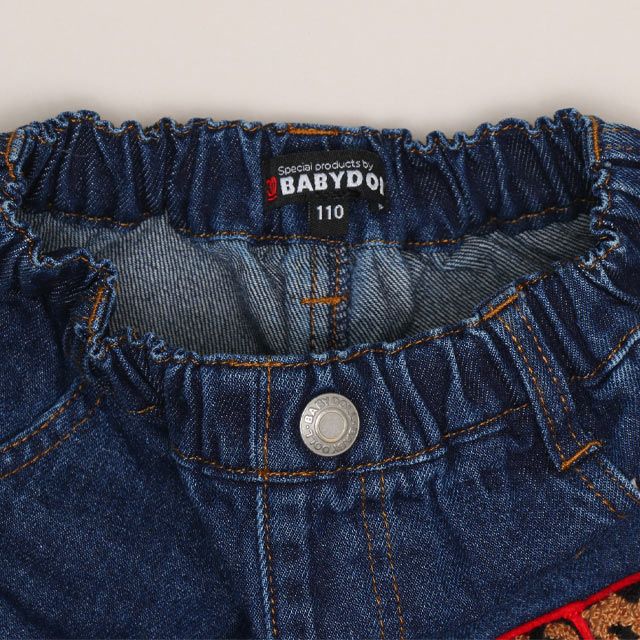 【ベビードール】ミッキー ワッペンデニムロングパンツ 1017K / ベビーサイズ キッズ ボトムス 長ズボン ジーパン ジーンズ ツイルパンツ ワイドパンツ アニマル柄 ヒョウ柄 ダメージ加工 ウエスト総ゴム ゴム穴付き フェイクボタン ベルトループ リンクコーデ ペアルック