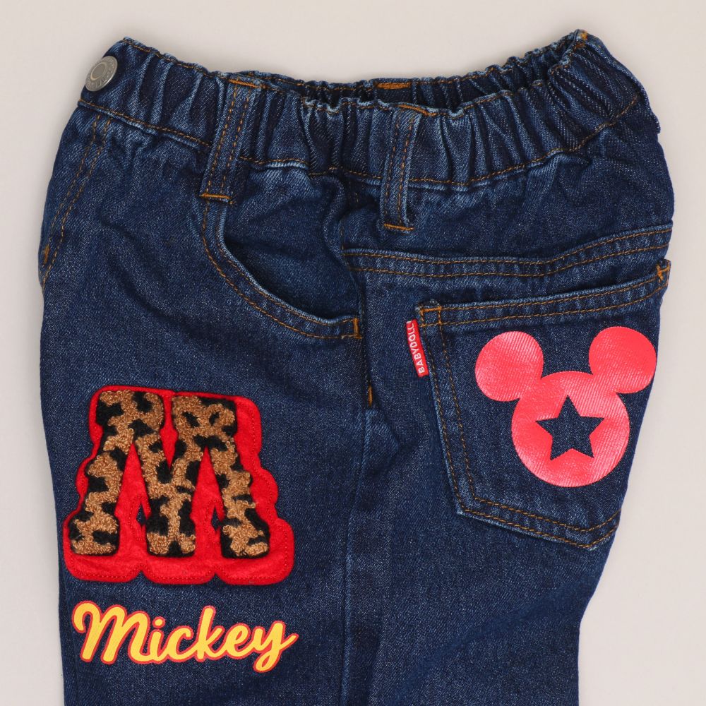 【ベビードール】ミッキー ワッペンデニムロングパンツ 1017K / ベビーサイズ キッズ ボトムス 長ズボン ジーパン ジーンズ ツイルパンツ ワイドパンツ アニマル柄 ヒョウ柄 ダメージ加工 ウエスト総ゴム ゴム穴付き フェイクボタン ベルトループ リンクコーデ ペアルック