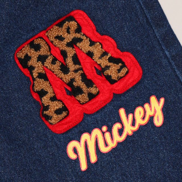 【ベビードール】ミッキー ワッペンデニムロングパンツ 1017K / ベビーサイズ キッズ ボトムス 長ズボン ジーパン ジーンズ ツイルパンツ ワイドパンツ アニマル柄 ヒョウ柄 ダメージ加工 ウエスト総ゴム ゴム穴付き フェイクボタン ベルトループ リンクコーデ ペアルック