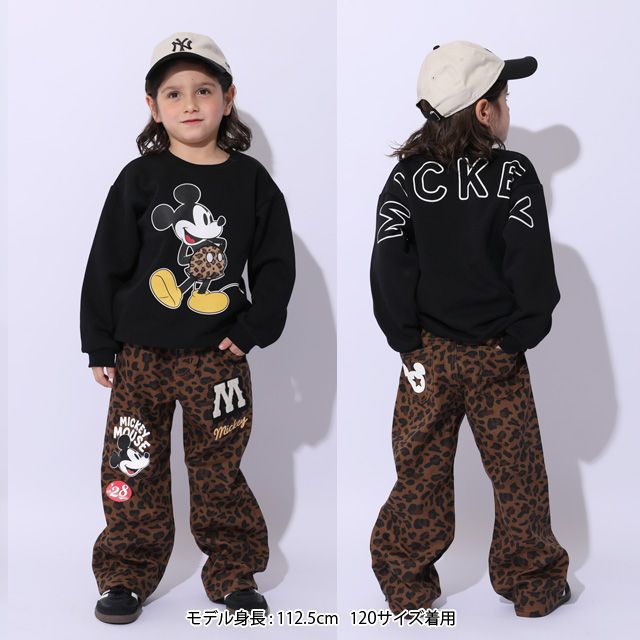 【ベビードール】ミッキー ワッペンデニムロングパンツ 1017K / ベビーサイズ キッズ ボトムス 長ズボン ジーパン ジーンズ ツイルパンツ ワイドパンツ アニマル柄 ヒョウ柄 ダメージ加工 ウエスト総ゴム ゴム穴付き フェイクボタン ベルトループ リンクコーデ ペアルック