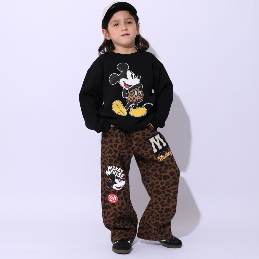 【ベビードール】ミッキー ワッペンデニムロングパンツ 1017K / ベビーサイズ キッズ ボトムス 長ズボン ジーパン ジーンズ ツイルパンツ ワイドパンツ アニマル柄 ヒョウ柄 ダメージ加工 ウエスト総ゴム ゴム穴付き フェイクボタン ベルトループ リンクコーデ ペアルック