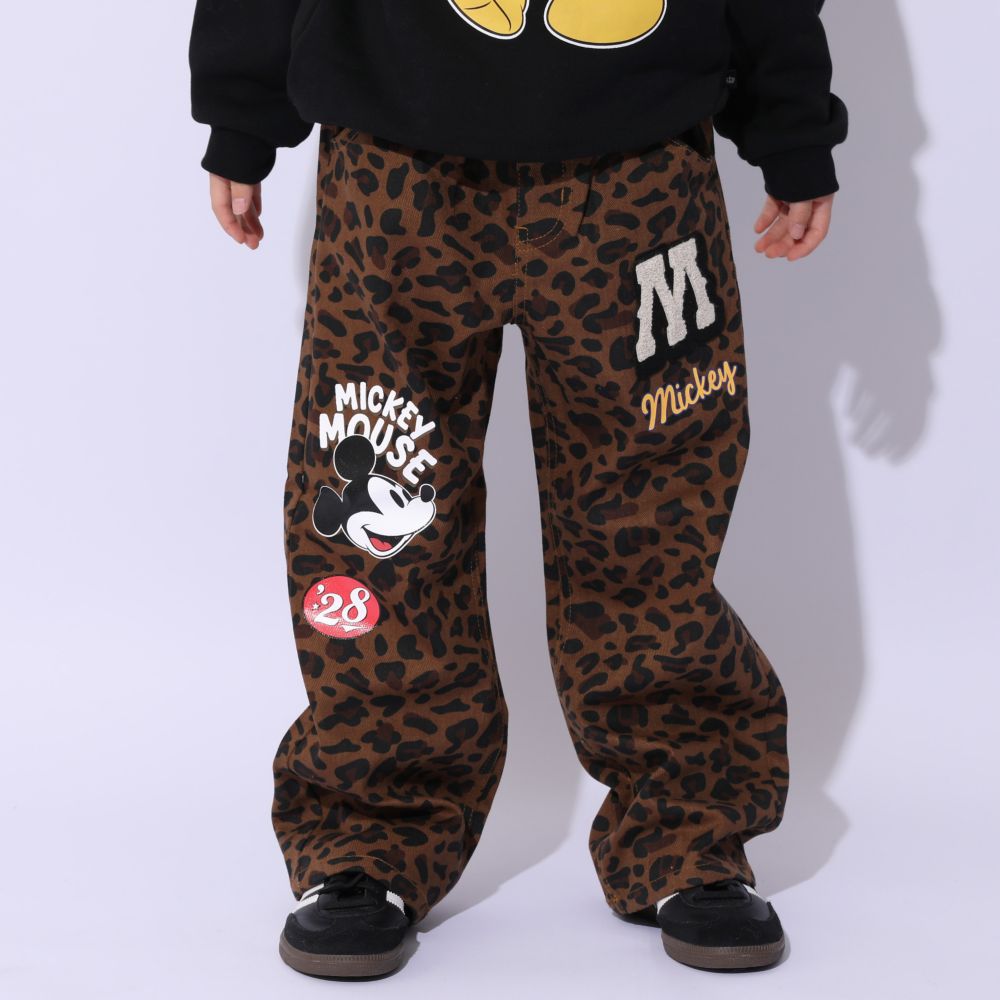 【ベビードール】ミッキー ワッペンデニムロングパンツ 1017K / ベビーサイズ キッズ ボトムス 長ズボン ジーパン ジーンズ ツイルパンツ ワイドパンツ アニマル柄 ヒョウ柄 ダメージ加工 ウエスト総ゴム ゴム穴付き フェイクボタン ベルトループ リンクコーデ ペアルック