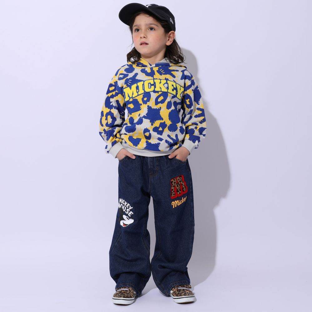 【ベビードール】ミッキー ワッペンデニムロングパンツ 1017K / ベビーサイズ キッズ ボトムス 長ズボン ジーパン ジーンズ ツイルパンツ ワイドパンツ アニマル柄 ヒョウ柄 ダメージ加工 ウエスト総ゴム ゴム穴付き フェイクボタン ベルトループ リンクコーデ ペアルック