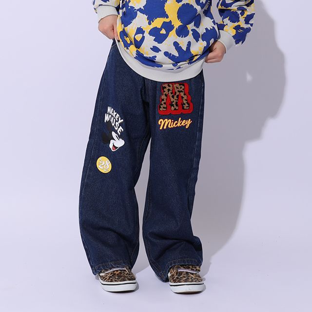 【ベビードール】ミッキー ワッペンデニムロングパンツ 1017K / ベビーサイズ キッズ ボトムス 長ズボン ジーパン ジーンズ ツイルパンツ ワイドパンツ アニマル柄 ヒョウ柄 ダメージ加工 ウエスト総ゴム ゴム穴付き フェイクボタン ベルトループ リンクコーデ ペアルック