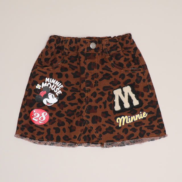 【ベビードール】ミニー ワッペンデニムスカート 1018K / ベビーサイズ キッズ ボトムス スカート ミニスカート デニム ツイル アニマル柄 ヒョウ柄 ダメージ加工 ウエスト総ゴム ゴム穴付き フェイクボタン ベルトループ リンクコーデ ペアルック