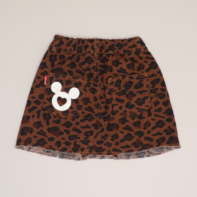 【ベビードール】ミニー ワッペンデニムスカート 1018K / ベビーサイズ キッズ ボトムス スカート ミニスカート デニム ツイル アニマル柄 ヒョウ柄 ダメージ加工 ウエスト総ゴム ゴム穴付き フェイクボタン ベルトループ リンクコーデ ペアルック