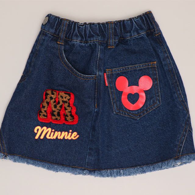 【ベビードール】ミニー ワッペンデニムスカート 1018K / ベビーサイズ キッズ ボトムス スカート ミニスカート デニム ツイル アニマル柄 ヒョウ柄 ダメージ加工 ウエスト総ゴム ゴム穴付き フェイクボタン ベルトループ リンクコーデ ペアルック