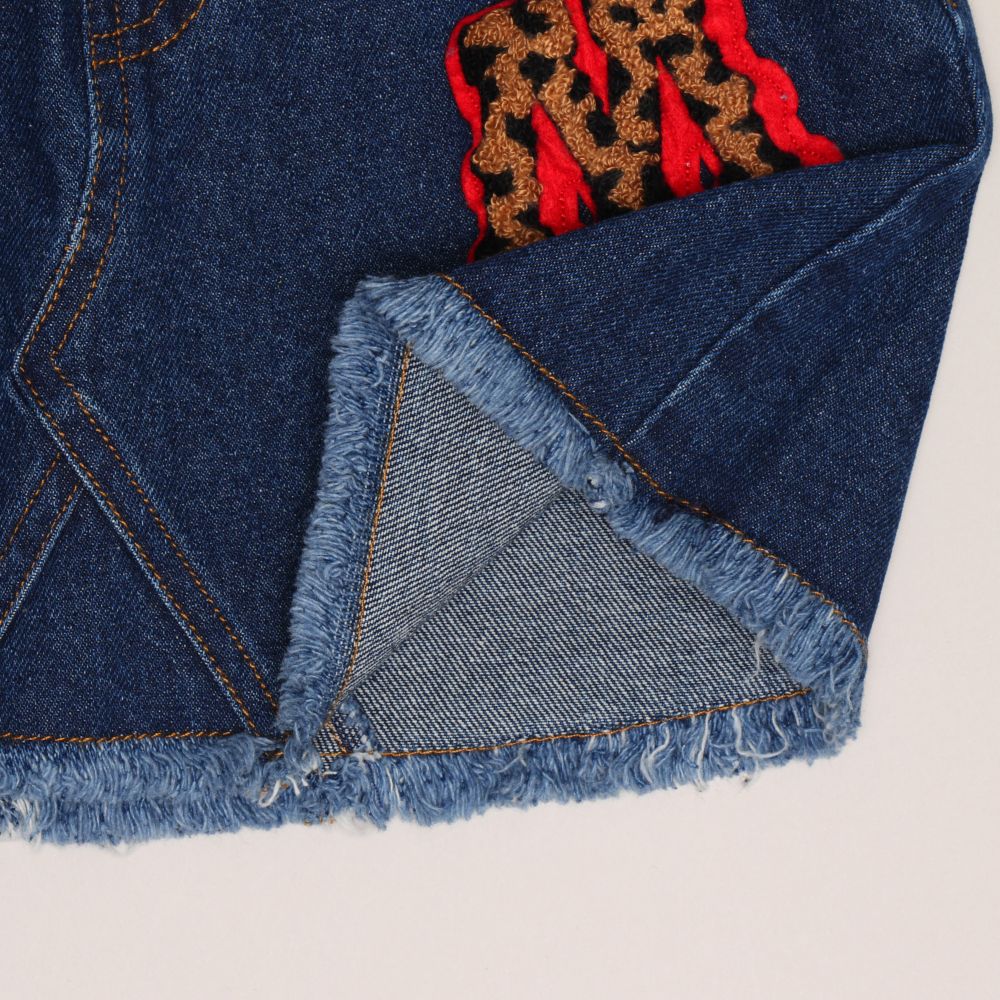 【ベビードール】ミニー ワッペンデニムスカート 1018K / ベビーサイズ キッズ ボトムス スカート ミニスカート デニム ツイル アニマル柄 ヒョウ柄 ダメージ加工 ウエスト総ゴム ゴム穴付き フェイクボタン ベルトループ リンクコーデ ペアルック