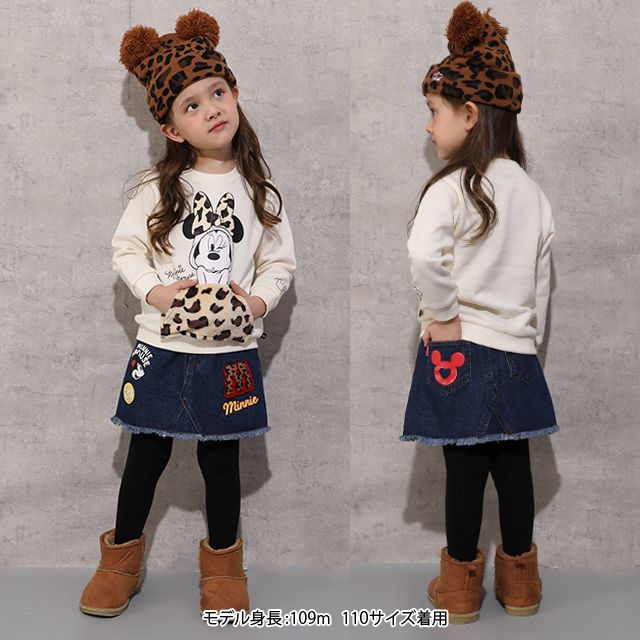 【ベビードール】ミニー ワッペンデニムスカート 1018K / ベビーサイズ キッズ ボトムス スカート ミニスカート デニム ツイル アニマル柄 ヒョウ柄 ダメージ加工 ウエスト総ゴム ゴム穴付き フェイクボタン ベルトループ リンクコーデ ペアルック